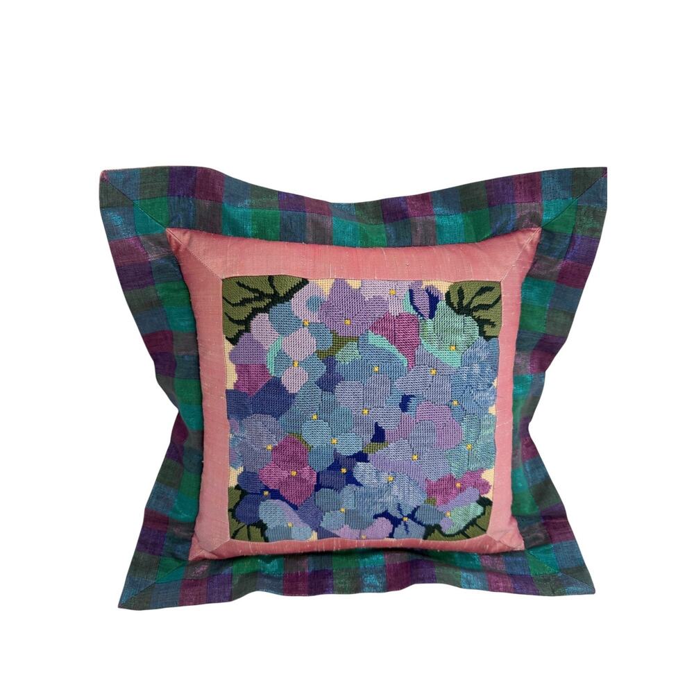 Needlepoint Hydrangea Pillow Cover Only Fits 12" Form Blue Purple Green Handmade